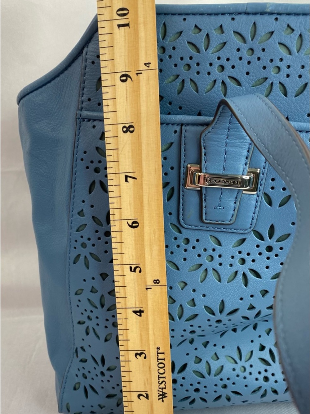 Coach Slate Blue Taylor Eyelet Leather 2 Handle Satchel F27391 Handbag Purse - Picture 8 of 15
